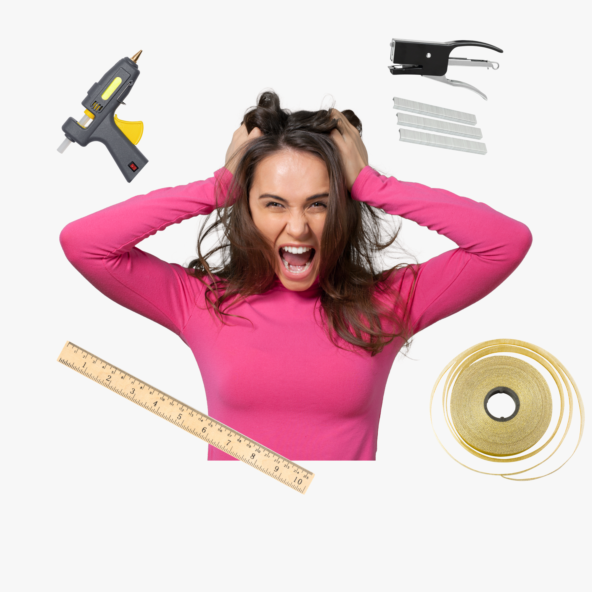 Frustrated crafter surrounded by glue gun, stapler, ribbon, and ruler